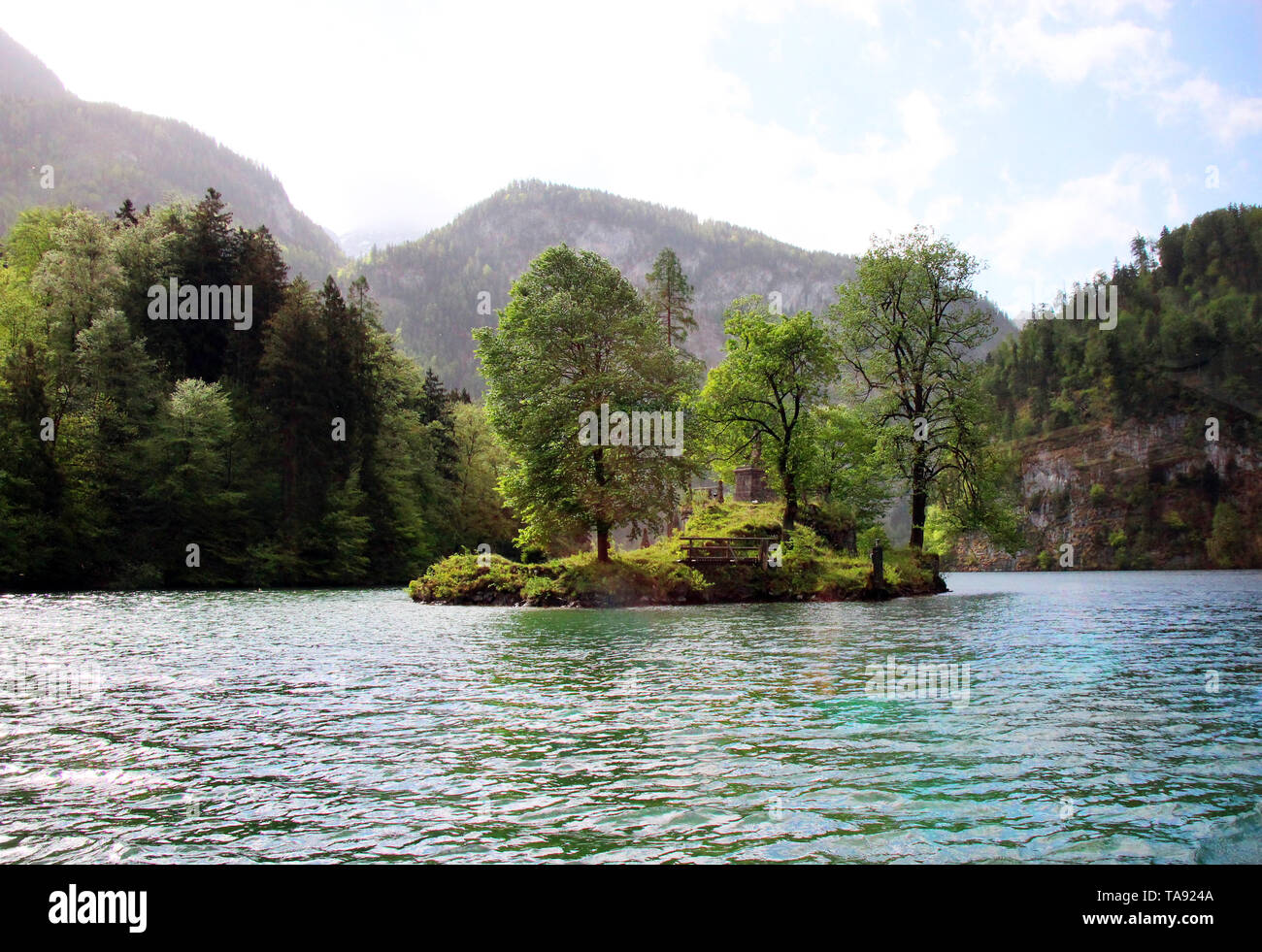 Island in the Königssee/Kings Lake in the middle of the alps of Berchtesgaden Stock Photo