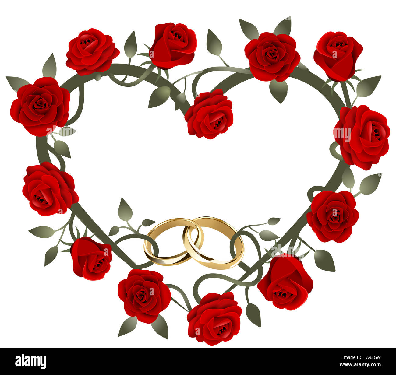 red roses heart decoration with interwined wedding rings Stock Photo