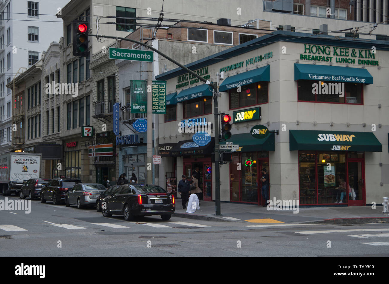 A Subway restaurant sits on a corner in downtown San Francisco. Stock Photo
