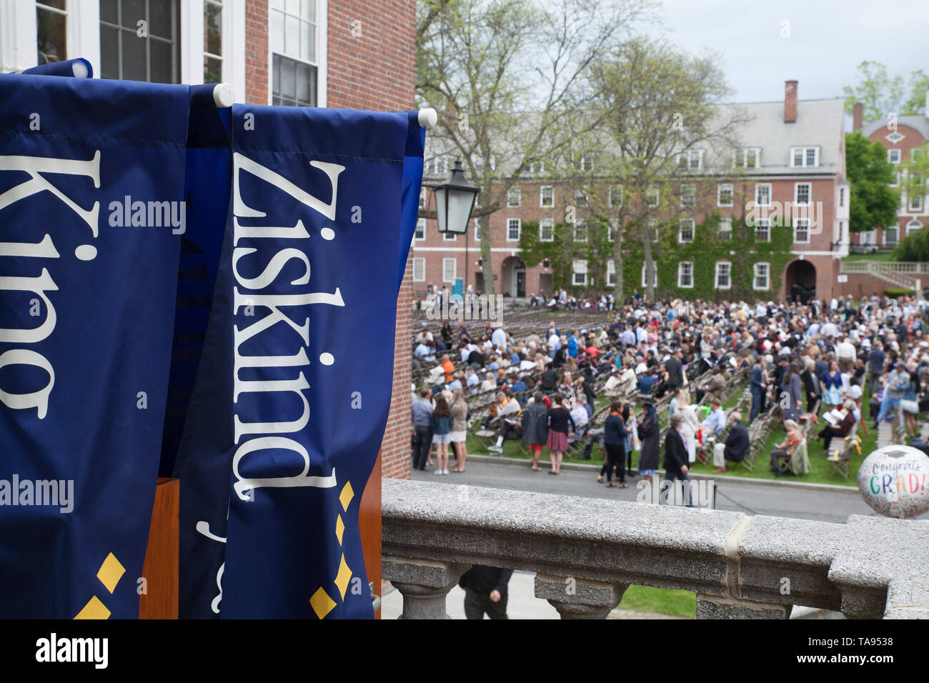 Banners with house names await procession for graduation at Smith College in Northampton, Massachusetts. Stock Photo