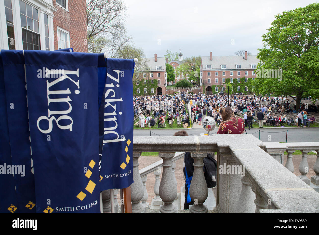 Banners with house names await procession for graduation at Smith College in Northampton, Massachusetts. Stock Photo