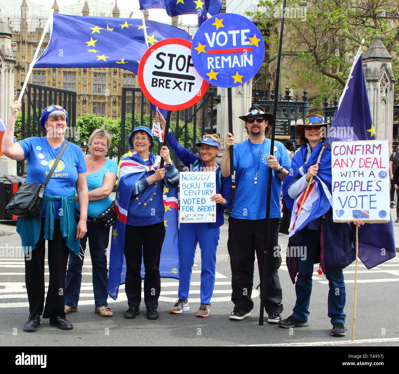 Anti-Brexit protesters seen holding European Union Flags and placards outside the Houses of Parliament in Westminster, London on the eve of the European Parliament elections. Stock Photo