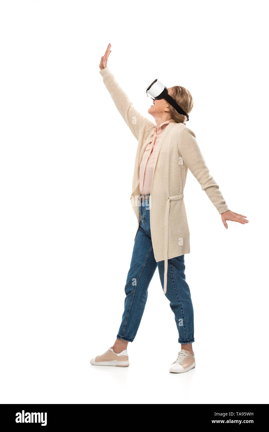 woman in vr headset experiencing Virtual reality and gesturing Isolated ...