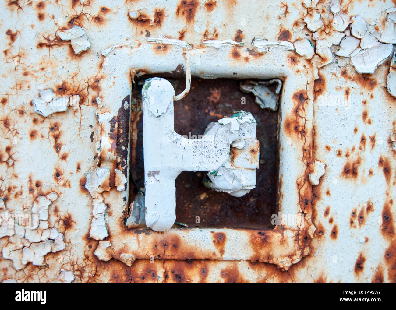The Lock On The Old Iron Trailer Old Age Vintage Metal Corrosion Layers Of Old Peeling Paint Of Different Colors Stock Photo Alamy