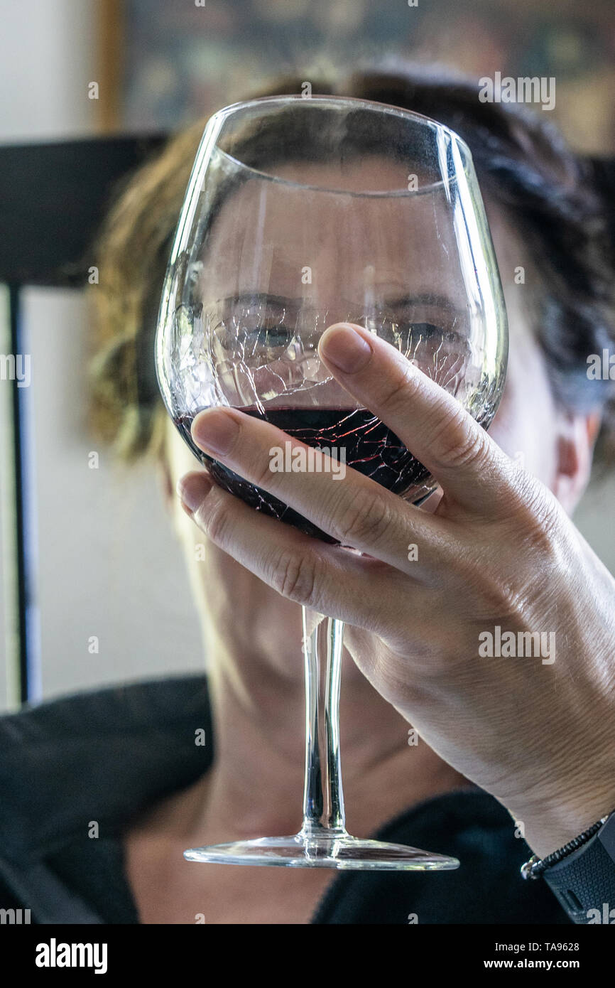 middle aged woman lifts a glass of wine Stock Photo