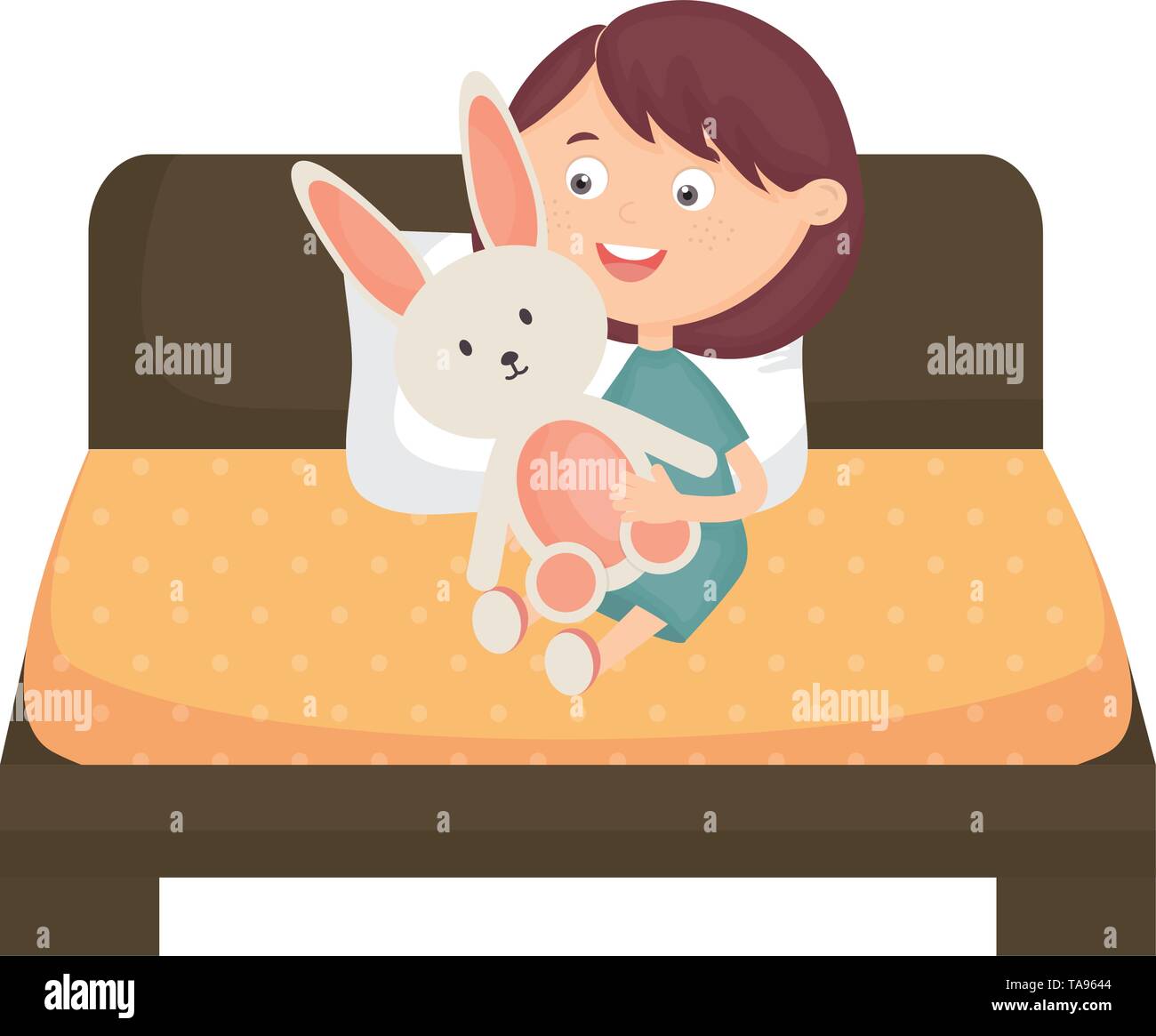 cute little girl with rabbit stuffed in the bed vector illustration