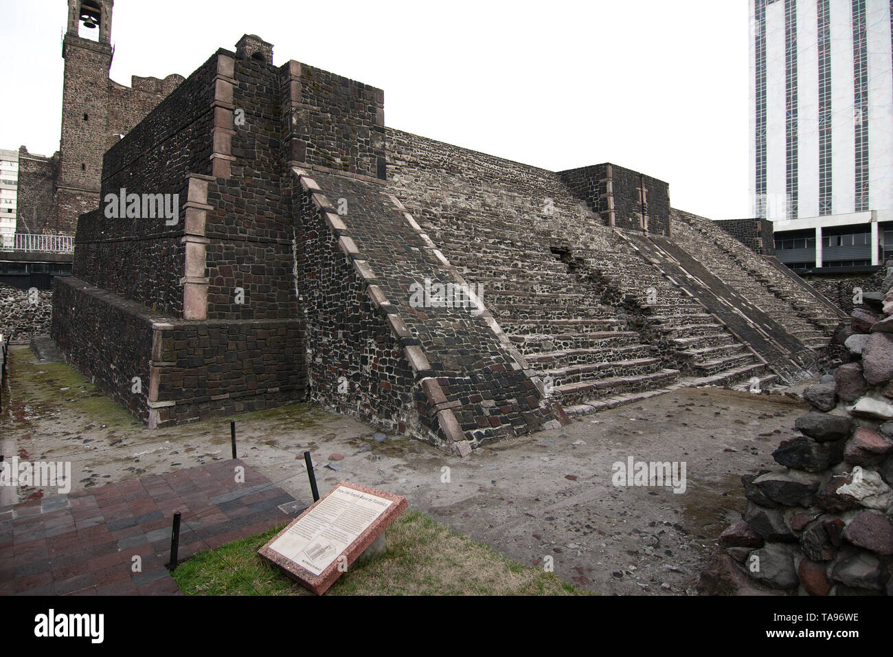 Mexico City, Mexico - 2019: Remains of Aztec temples at the Plaza de las Tres Culturas (Square of the Three Cultures). Stock Photo