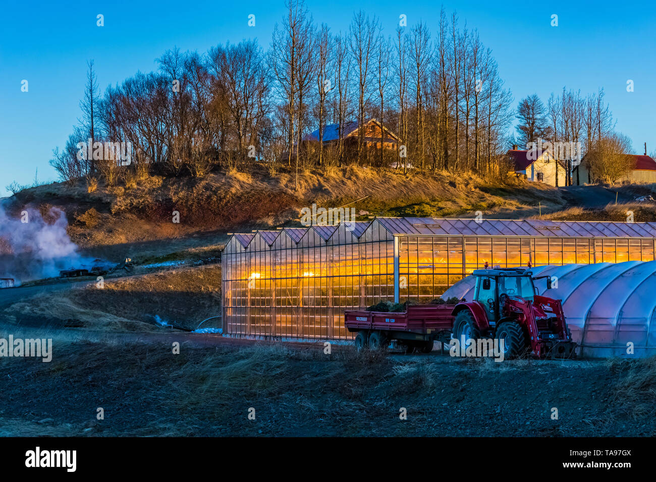 Geothermal greenhouses next to the Secret Lagoon, a natural hot springs in Fludir, Iceland [No property release; available for editorial licensing onl Stock Photo