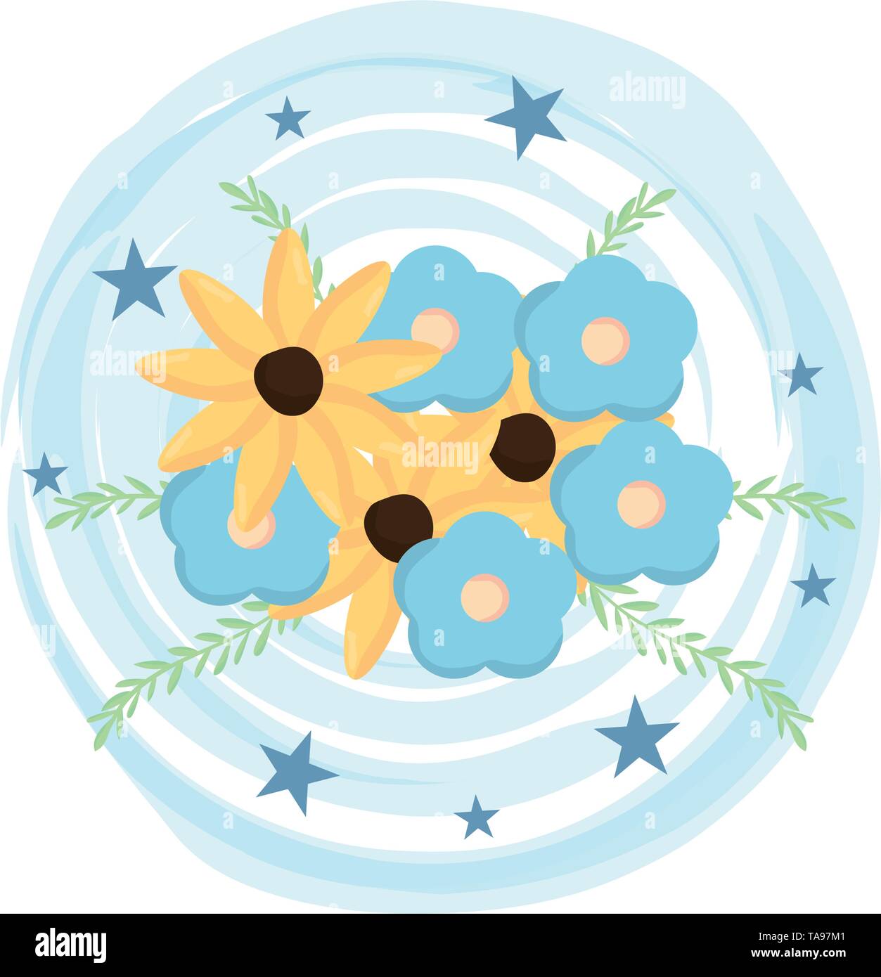flowers and leafs decoration with paint and stars pattern vector ...