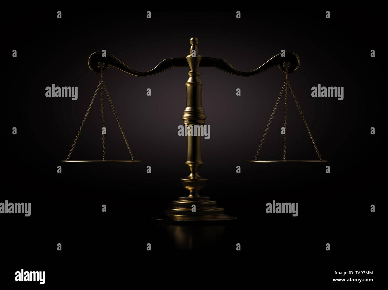 A dramtically lit gold justice scale backlit an a dark background - 3D render Stock Photo