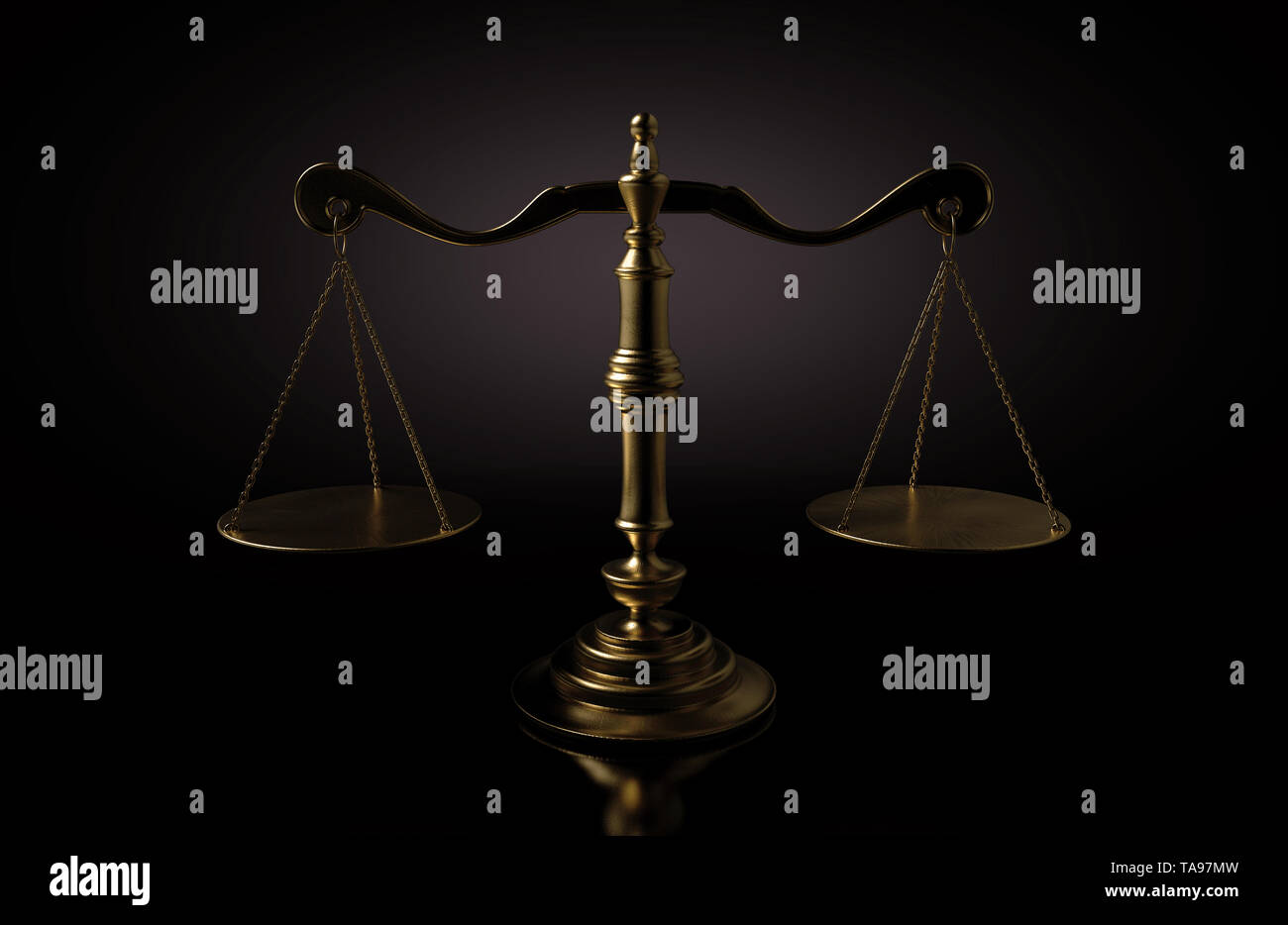 A dramtically lit gold justice scale backlit an a dark background - 3D render Stock Photo