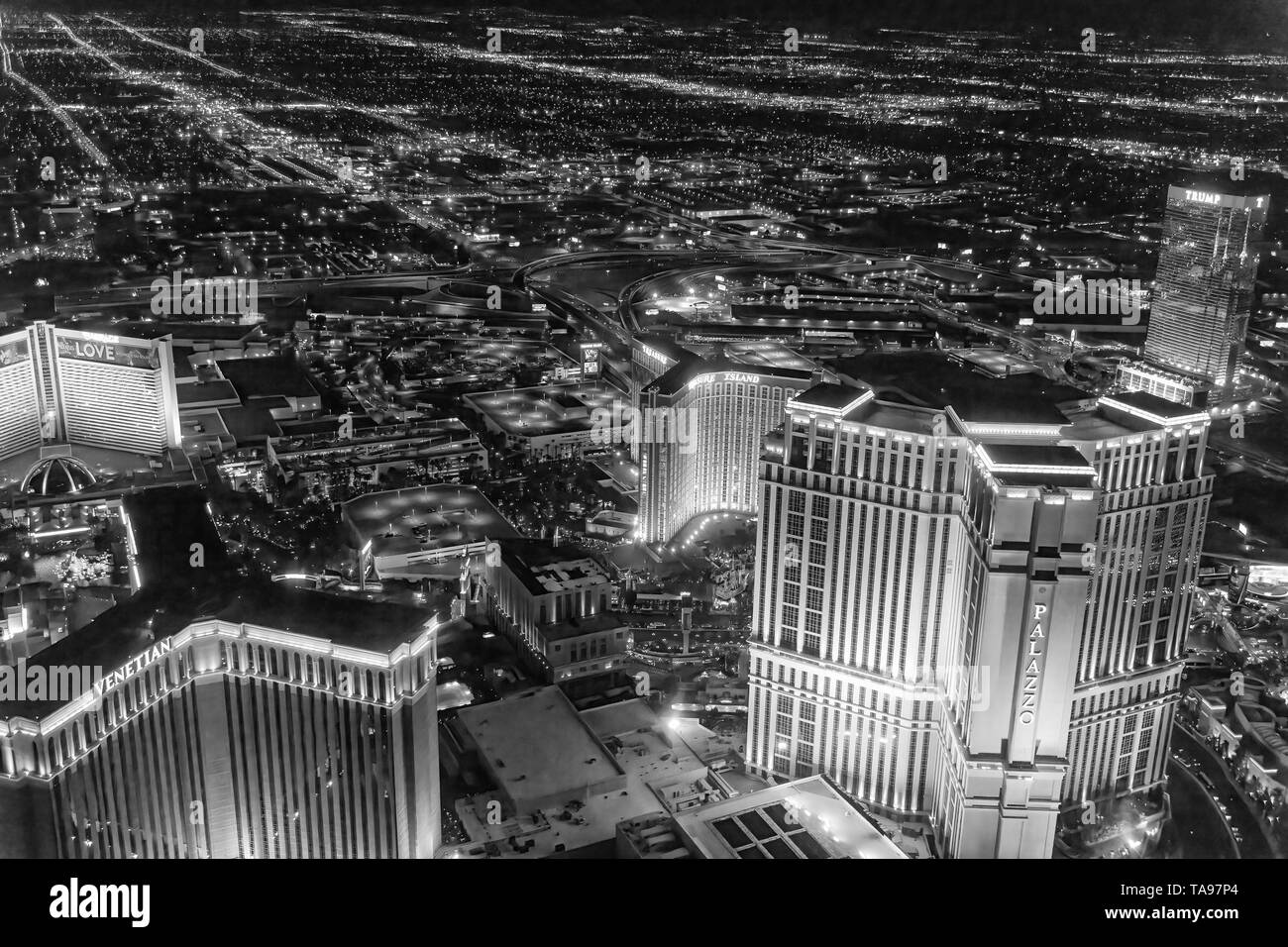 LAS VEGAS, NV JUNE 29, 2018 Aerial night view of main city Casinos
