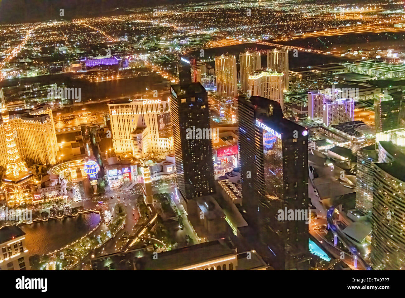 LAS VEGAS, NV - JUNE 29, 2018: Aerial night view of city streets. Las Vegas is known as the Sin City, City of Lights, Gambling Capital of the World. Stock Photo