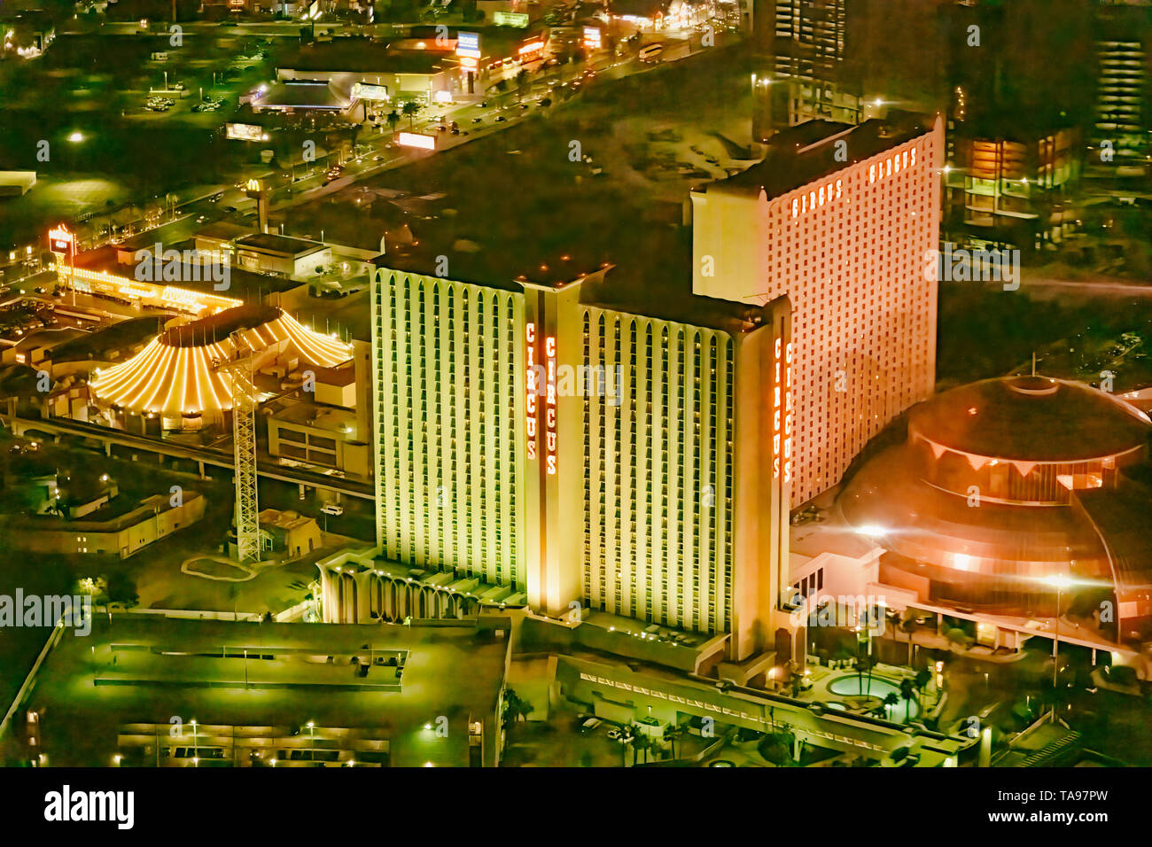 LAS VEGAS, NV - JUNE 29, 2018: Circus Circus Casino night aerial view. Las Vegas is known as the Sin City, City of Lights, Gambling Capital of the Wor Stock Photo