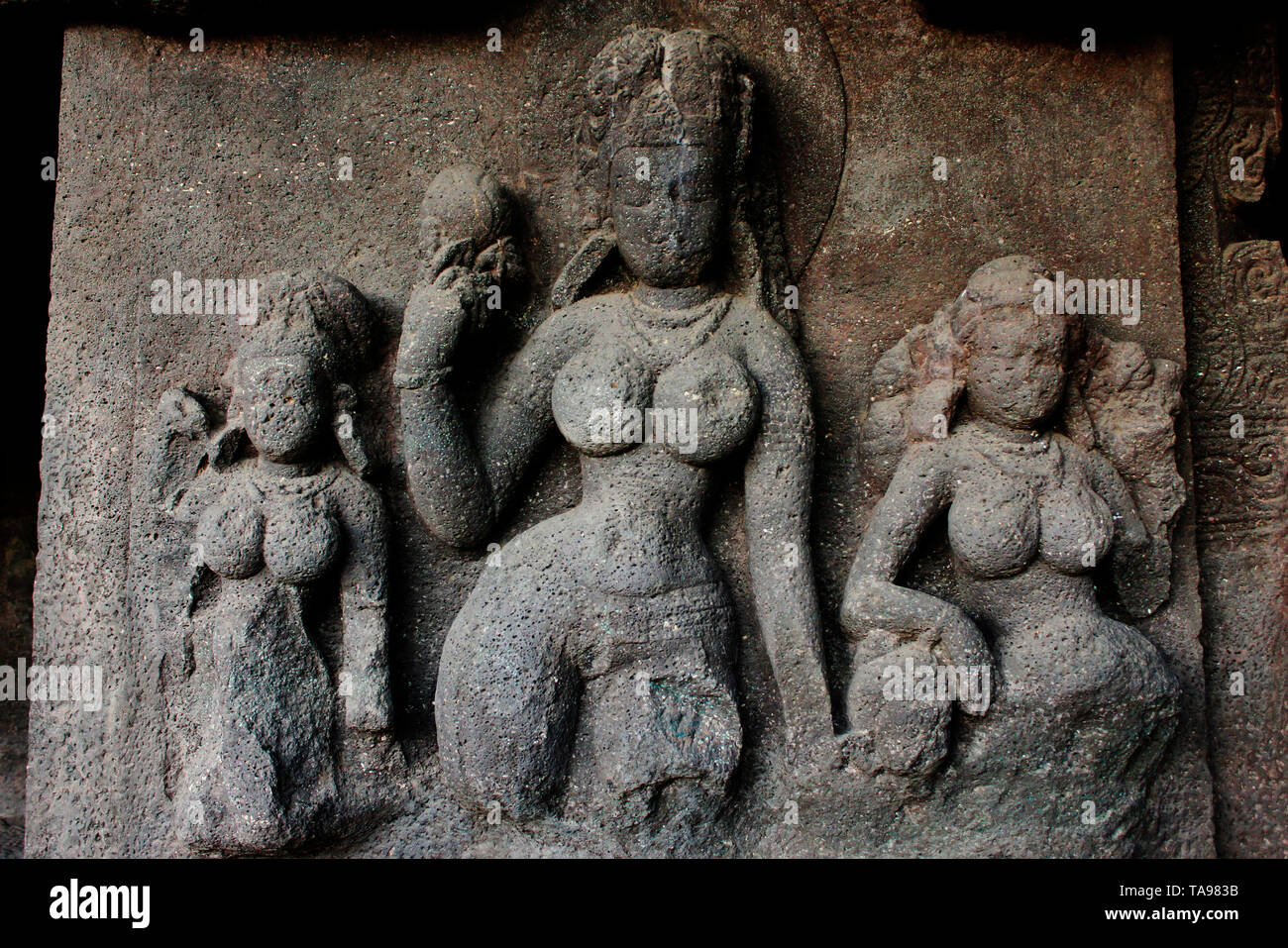 Stone sculpture in Buddha caves, Aurangabad, Maharashtra. Stock Photo