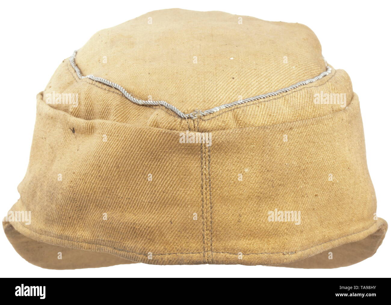 A tropical field cap for army officers Sand-coloured looted cloth with encircling officer's braid, grey glass buttons, BeVo-woven insignia (version for enlisted men), green linen herringbone lining. historic, historical, 20th century, Additional-Rights-Clearance-Info-Not-Available Stock Photo