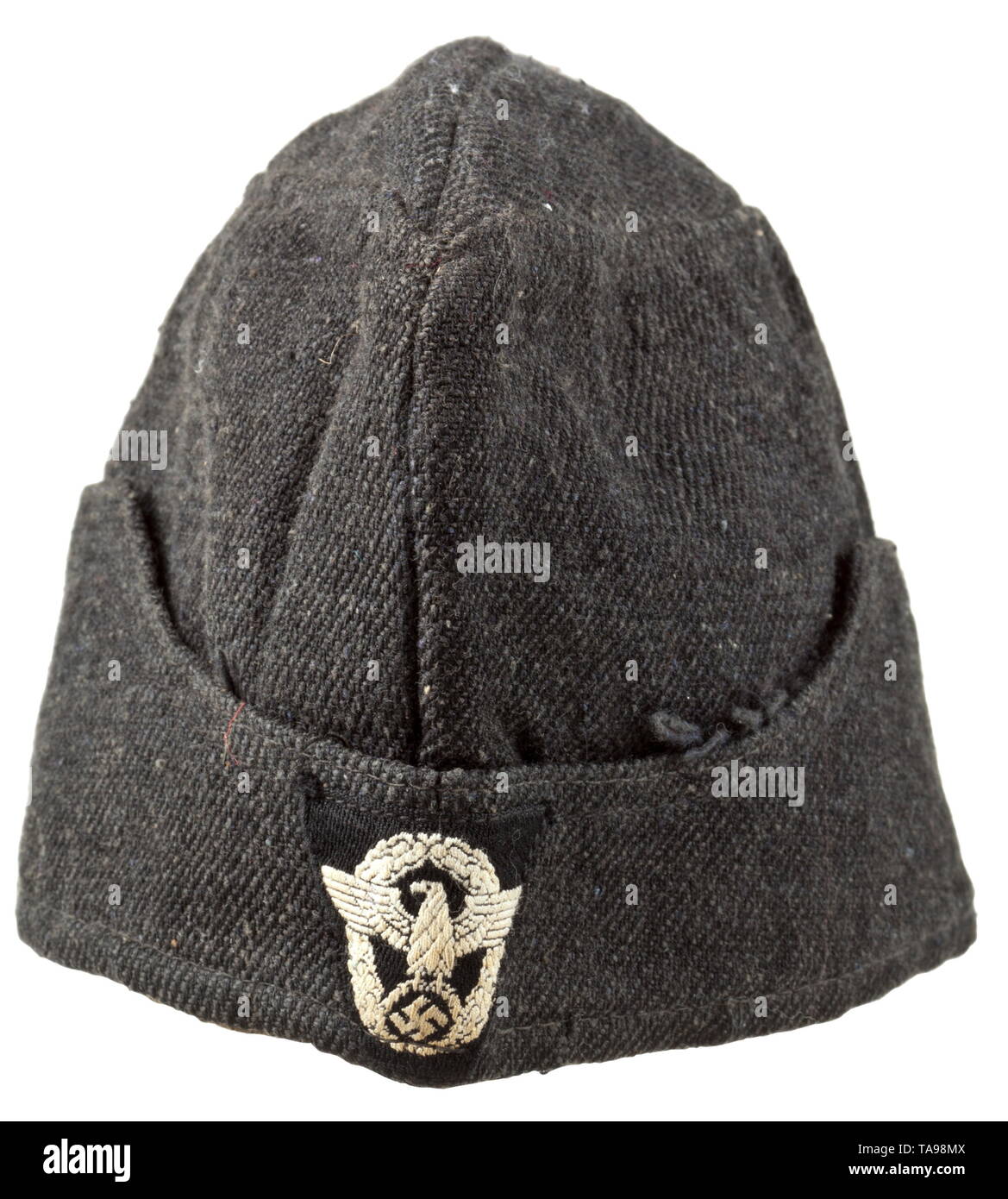 A uniform cap "Schiffchen" (tr. "side cap") for members of the fire  protection police Schwarzer Beutestoff, braunes Innenfutter mit  Kammeretikett, BeVo-gewebter Polizeiadler auf schwarzem Grund. historic,  historical, 20th century, Additional-Rights ...