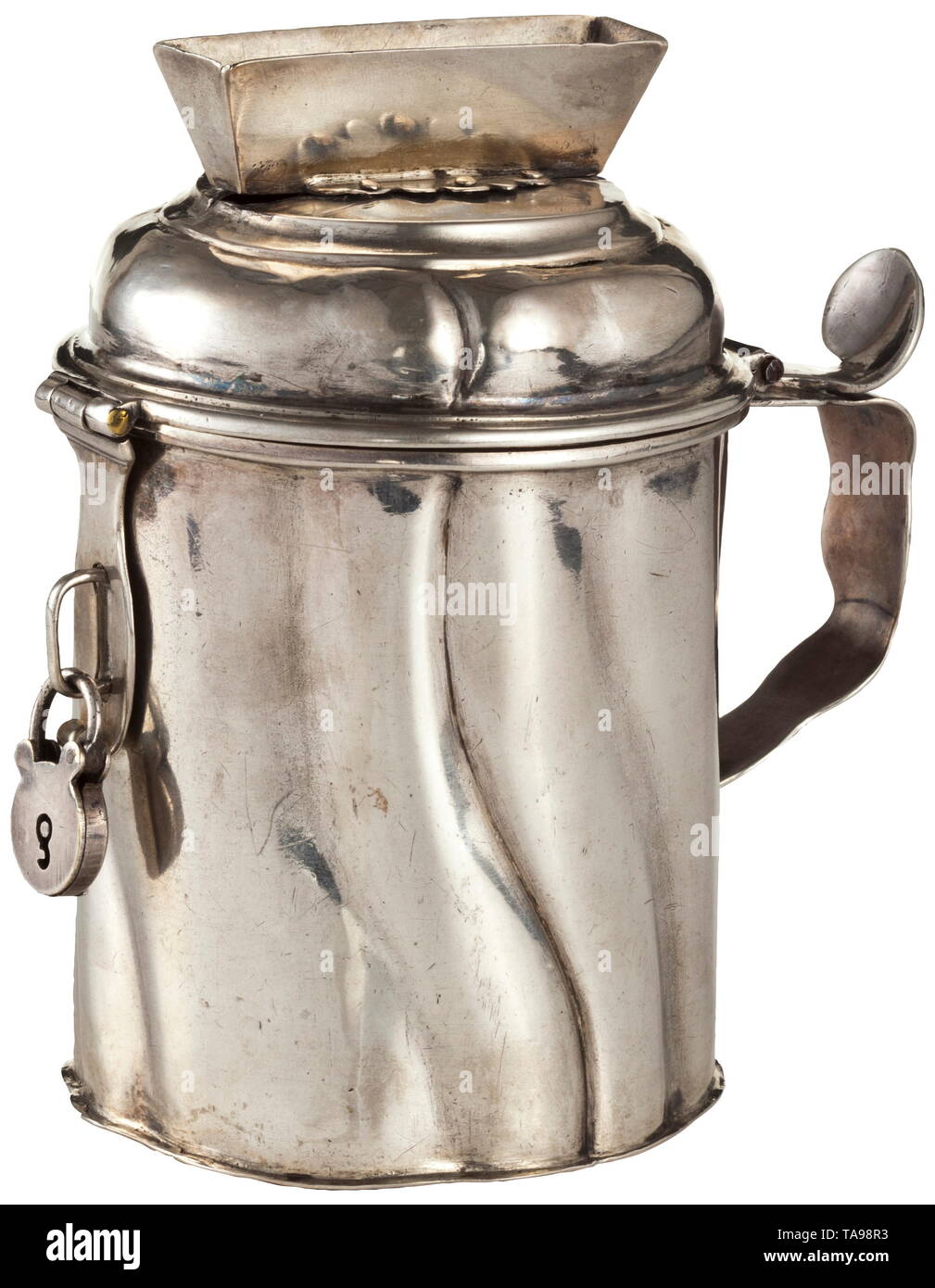 A silver donation box, Dresden, circa 1730 Cylindrical body with gadrooned decoration. Handle with thumb plate, the hinged lid with hasp and attached fake silver padlock. Conical coin slit riveted to the body. On the base assayer's mark beside a Dresden proof mark for twelve-lot silver and master mark 'IGS', probably for Johann Georg Süßt, who began working as a master silversmith in Dresden in 1703. Mis-struck hallmark of the year's letter. Height 13 cm, weight 340 g. historic, historical, handicrafts, handcraft, craft, object, objects, stills, , Additional-Rights-Clearance-Info-Not-Available Stock Photo