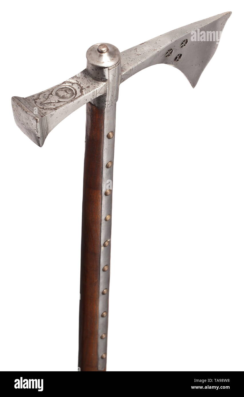 A Hungarian battle axe, 18th century Heavy head with slim, triple-pierced blade and stepped hammer head with square striking surface, chiselled cartouche with number '7' on the upper side. Replaced haft with riveted side straps and baluster-shaped grip. Length 89 cm. historic, historical, tool, tools, military, militaria, fighting device, object, objects, stills, clipping, cut out, cut-out, cut-outs, metal, metals, weapon, arms, weapons, arms, utensil, piece of equipment, utensils, Zubeh 18th century, Additional-Rights-Clearance-Info-Not-Available Stock Photo