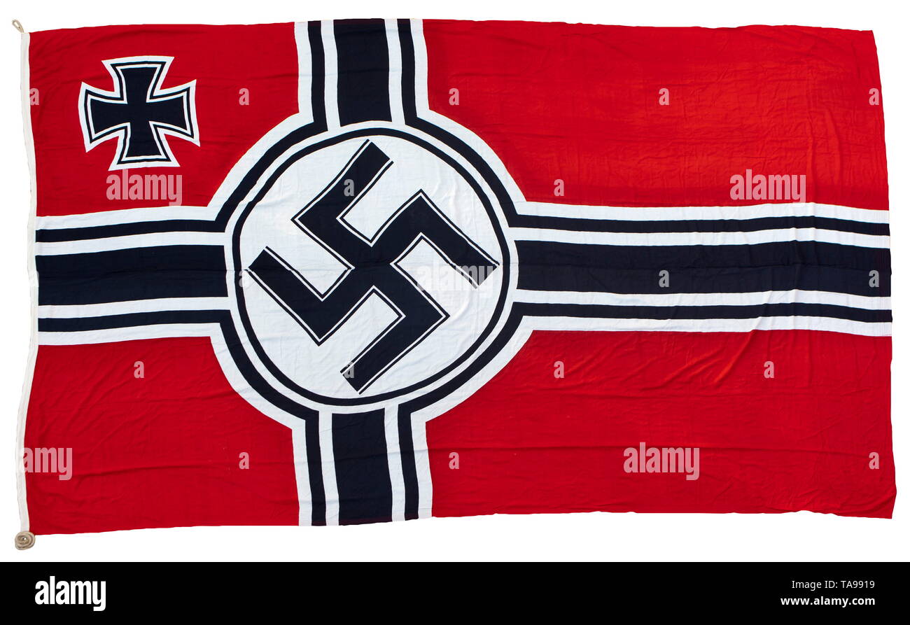 A Reich war flag Large version for a battleship, heavy cruiser, etc, printed in colour, with manufacturer's mark 'WFT', size indication 3 x 5 metres. The leech with multiple stamps, slight traces of use. historic, historical, navy, naval forces, military, militaria, branch of service, branches of service, armed forces, armed service, object, objects, stills, clipping, clippings, cut out, cut-out, cut-outs, 20th century, Editorial-Use-Only Stock Photo
