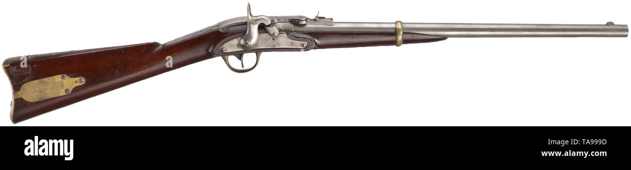 A Merrill carbine, 1st model Cal..54, no. 3801, matching numbers. Rifled and somewhat rough bore, on barrel top folding sight, loading lever with patent data 'J.H. Merrill Balto. Pat. July. 1858.' as well as number. On lock plate also number and patent data. On the left staple with carbine ring. Dark halfstock with brass furniture, patch box with brass cover. Length 94 cm. A cavalry weapon mainly used by the Confederate troops. historic, historical, USA, United States of America, American, object, objects, stills, clipping, clippings, cut out, cu, Additional-Rights-Clearance-Info-Not-Available Stock Photo