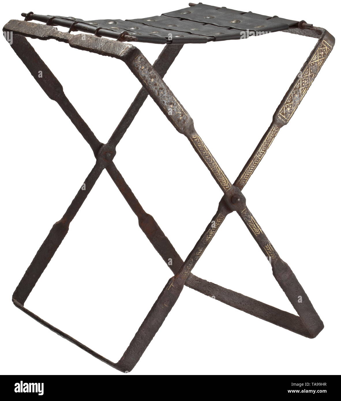 A late Roman iron folding chair with gold-damascening for high officials or military officers, 4th - 5th century Two wrought iron frames of ca. 8 mm width, connected in the middle by a sturdy rivet with a quadrangular stud. This joint functions again due to restoration. Width of frame each ca. 3 cm. Waisted sides and top, after 15 cm at the ends a narrow, only 2 cm wide central section. The top and side surfaces richly decorated with a geometrical pattern of metal wire inlays, silver at the top, bronze at the sides. The inside of the frame on eit, Additional-Rights-Clearance-Info-Not-Available Stock Photo