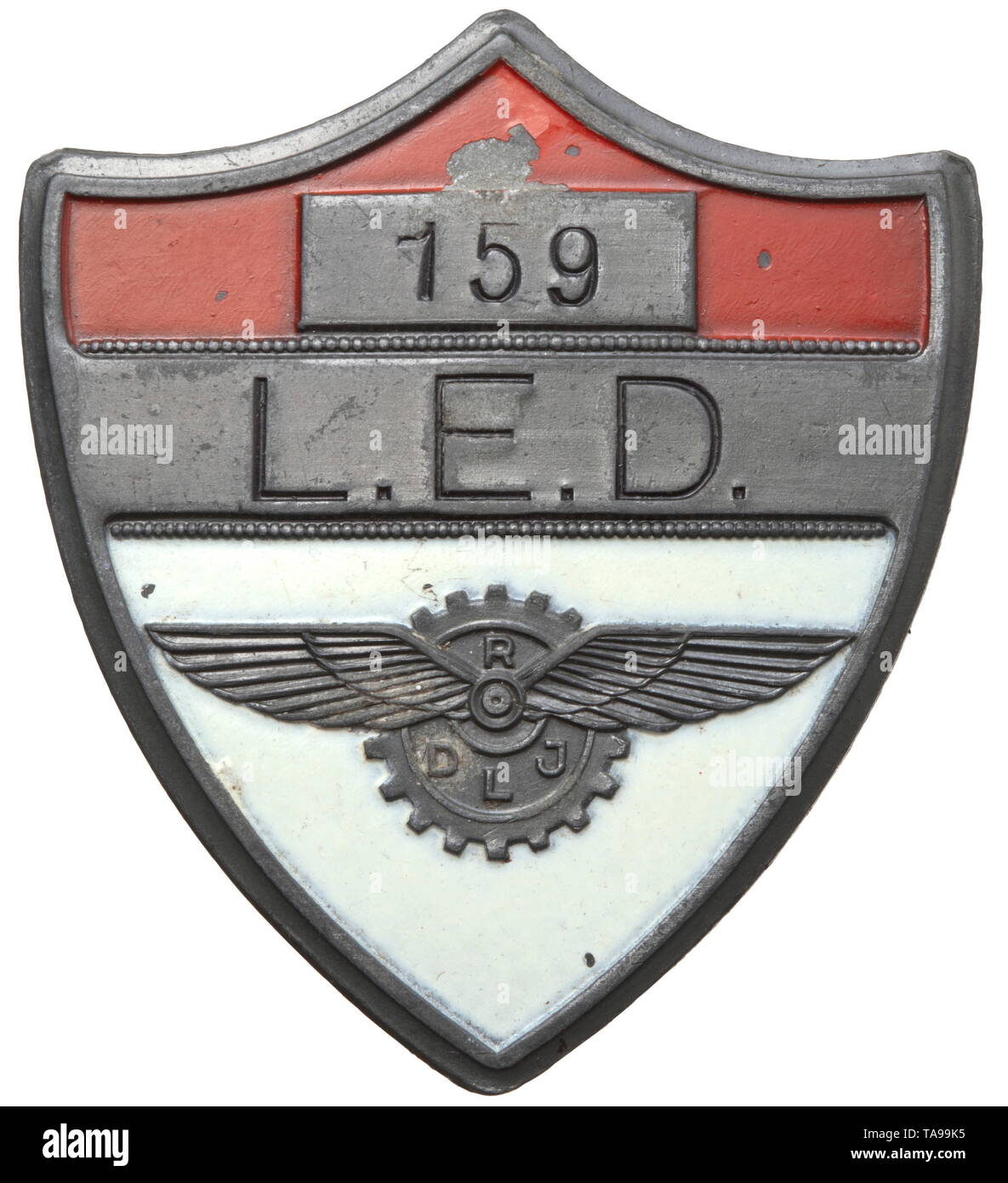 A pin badge - Reich Association of the German Aviation Industry Large service insignia for members of the Luftwaffe trial facility. Pin badge, fine zinc, height 55 mm, lacquered in colour, a horizontal pin for wear on the reverse. Slightly used in good condition. Rare. historic, historical, awards, award, German Reich, Third Reich, Nazi era, National Socialism, object, objects, stills, medal, decoration, medals, decorations, clipping, cut out, cut-out, cut-outs, honor, honour, National Socialist, Nazi, Nazi period, 20th century, Editorial-Use-Only Stock Photo