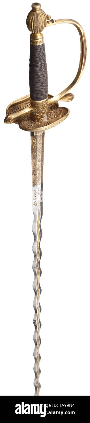 A German flame-bladed small-sword, circa 1780 Unusual blade with gilt  fullers on both sides and ornamental, gilt decorative etching on the base.  Gilt bronze hilt with floral decoration in relief and guard