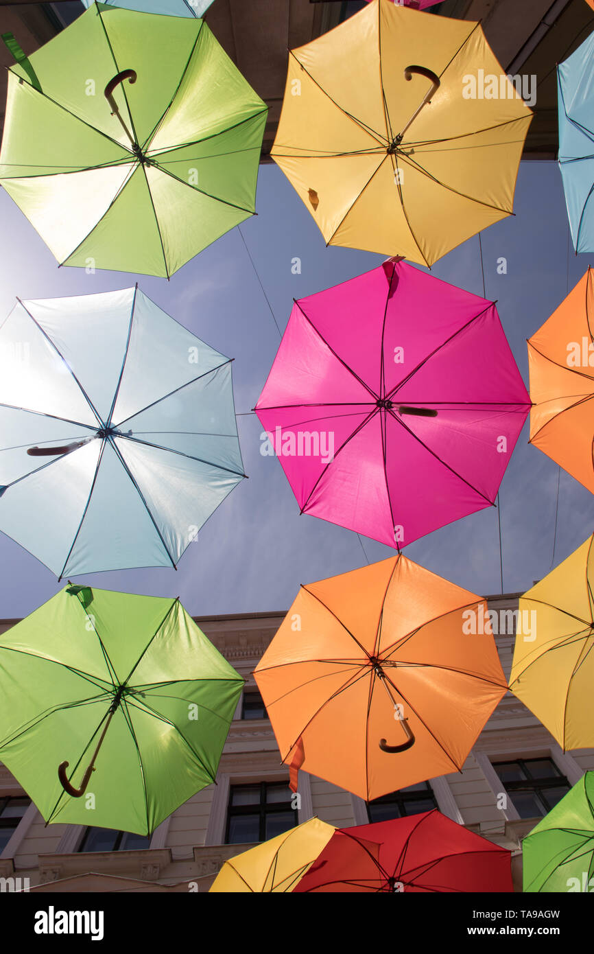 Colorful umbrellas decoration in streets of Timisoara city, Romania Stock Photo