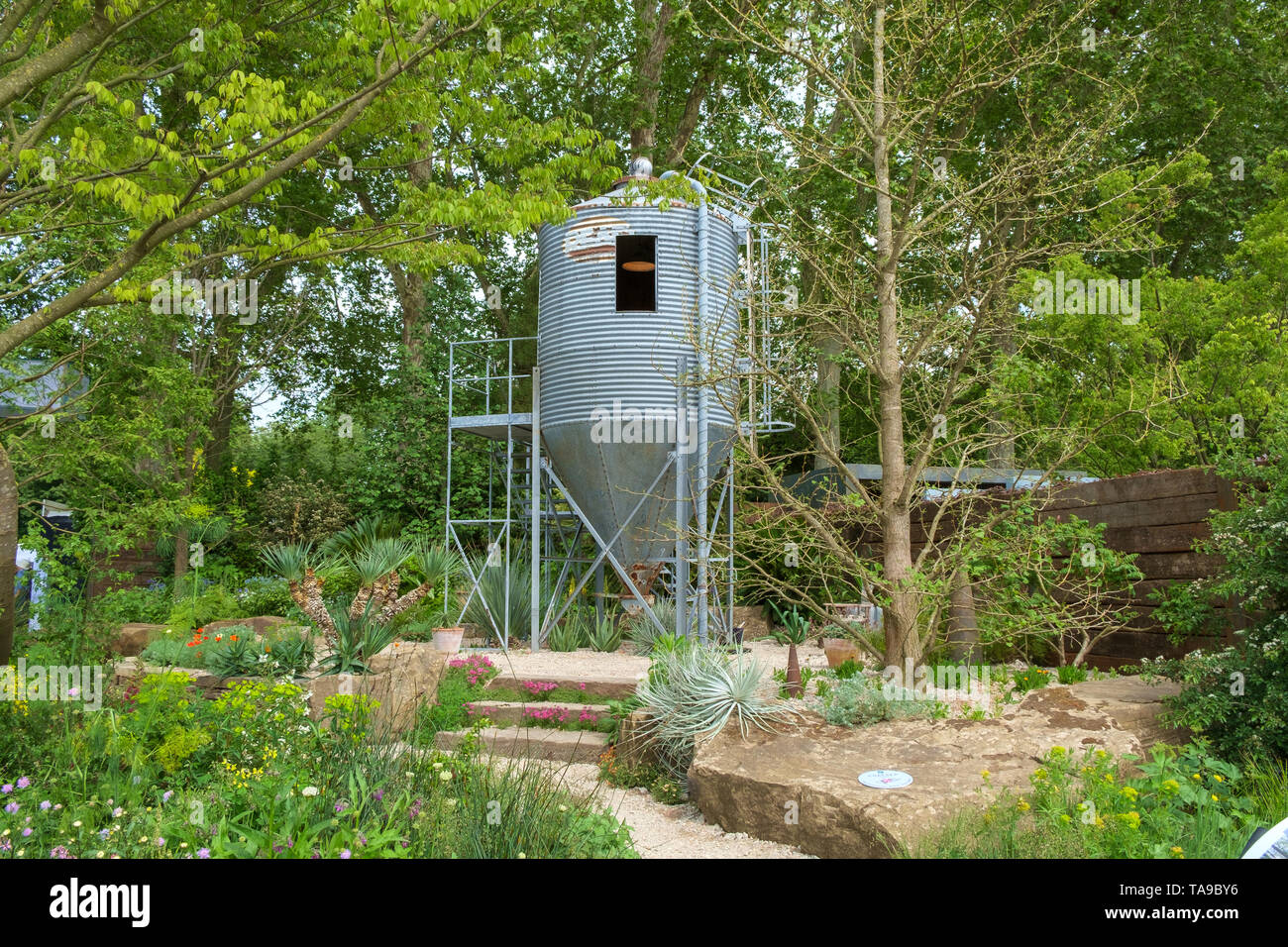 London, UK - May 22nd 2019: RHS Chelsea Flower Show, the Resilient Garden, celebrating a century of forestry. Stock Photo
