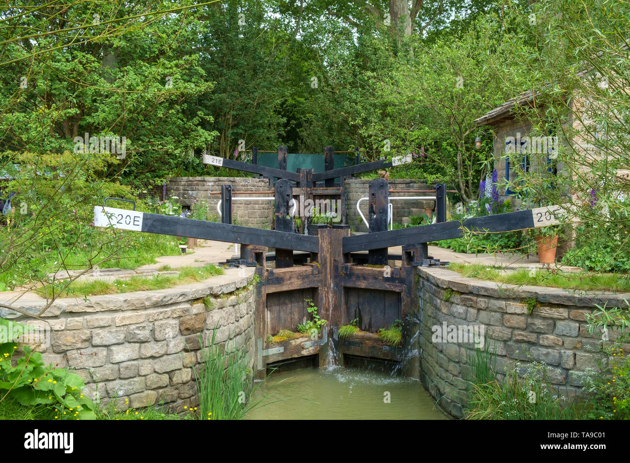 London, UK - May 22nd 2019: RHS Chelsea Flower Show, the Yorkshire Garden paying tribute to the county's nature and industrial heritage. Stock Photo