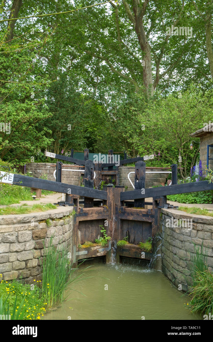 London, UK - May 22nd 2019: RHS Chelsea Flower Show, the Yorkshire Garden paying tribute to the county's nature and industrial heritage. Stock Photo
