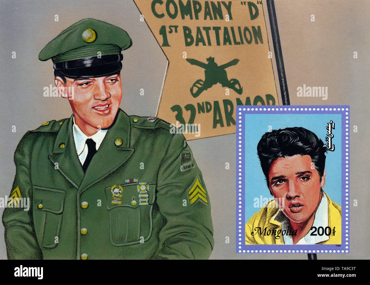 Stamps from Mongolia, Elvis Presley in the Army, 1996, Briefmarke aus der Mongolei, Elvis Presley bei der Armee, 1996 Stock Photo