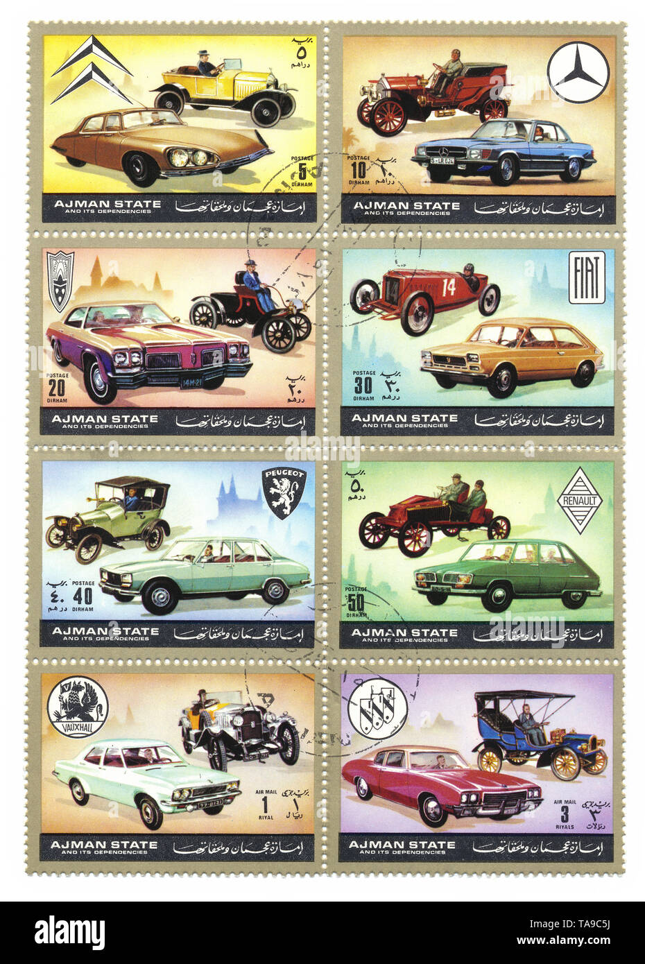 Briefmarken aus Adschman (Ajman), Vereinigte Arabische Emirate, VAE, mit europäischen und Amerikanischen Autos, 60er Jahre Stock Photo
