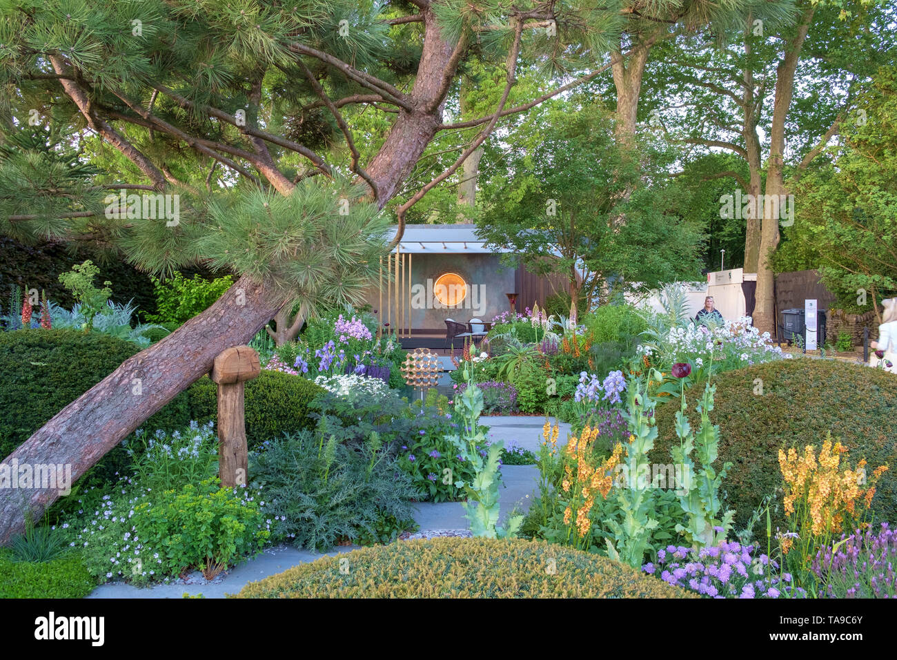 London, UK - May 22nd 2019: RHS Chelsea Flower Show, the Morgan Stanley Garden. A mixture of plants and architecture. Stock Photo