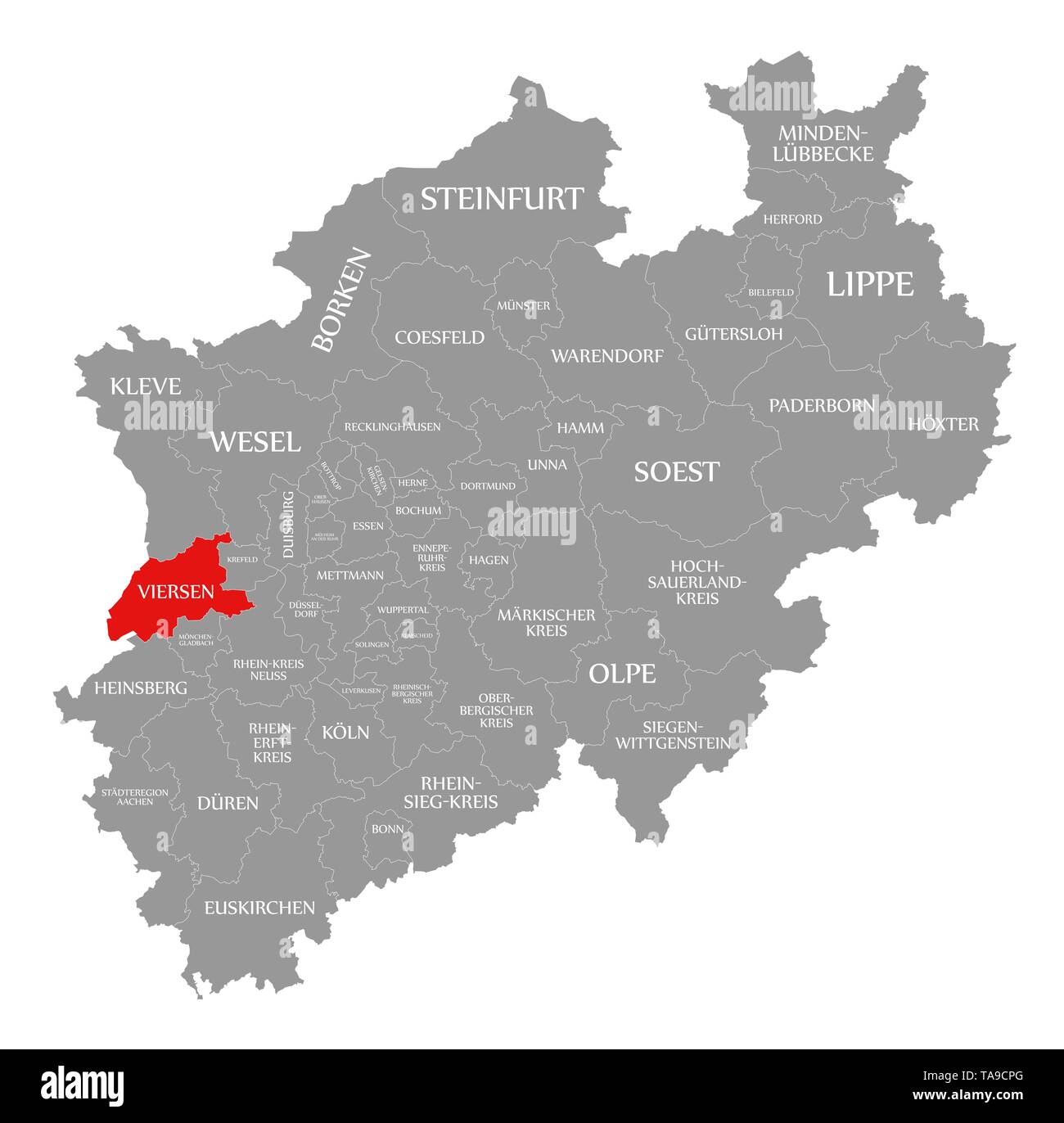 Viersen red highlighted in map of North Rhine Westphalia DE Stock Photo