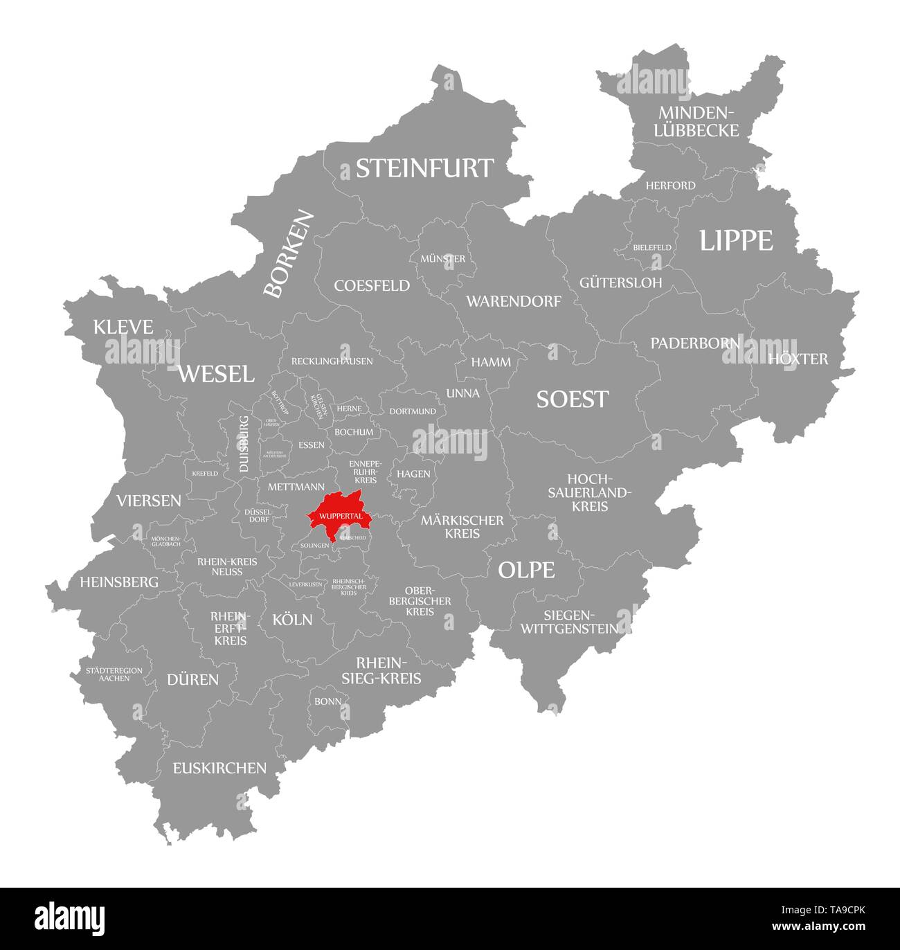 Wuppertal red highlighted in map of North Rhine Westphalia DE Stock Photo Alamy