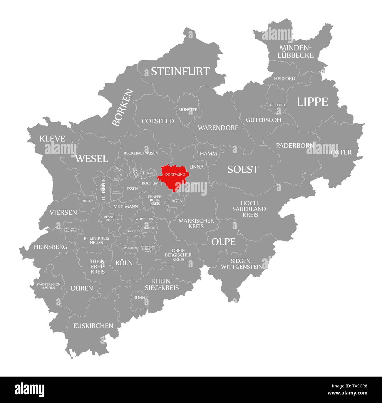 Dortmund red highlighted in map of North Rhine Westphalia DE Stock