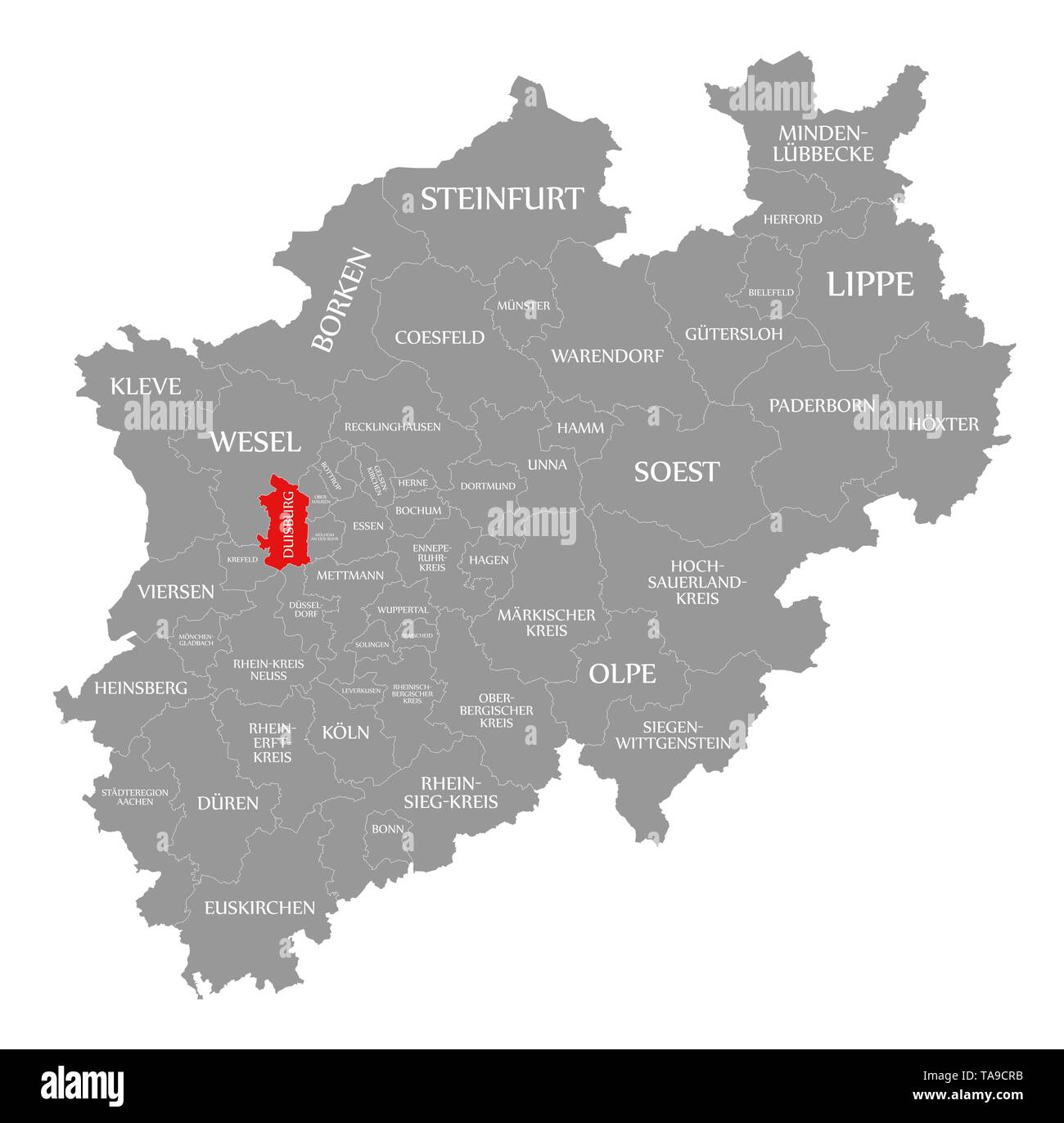 Duisburg red highlighted in map of North Rhine Westphalia DE Stock Photo