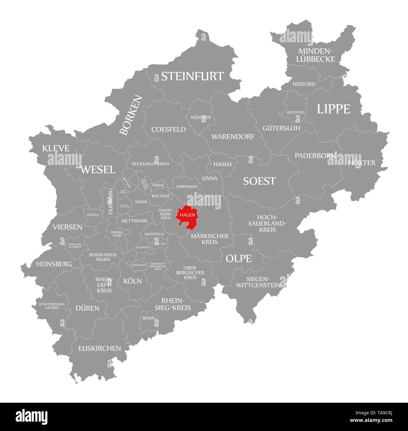 Hagen red highlighted in map of North Rhine Westphalia DE Stock Photo