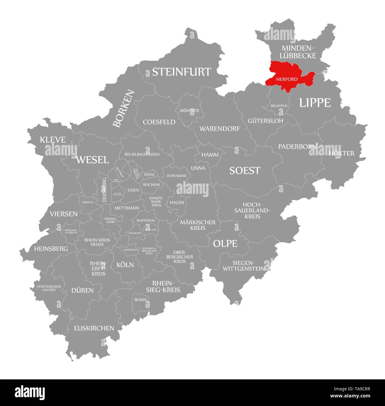 Herford red highlighted in map of North Rhine Westphalia DE Stock Photo 