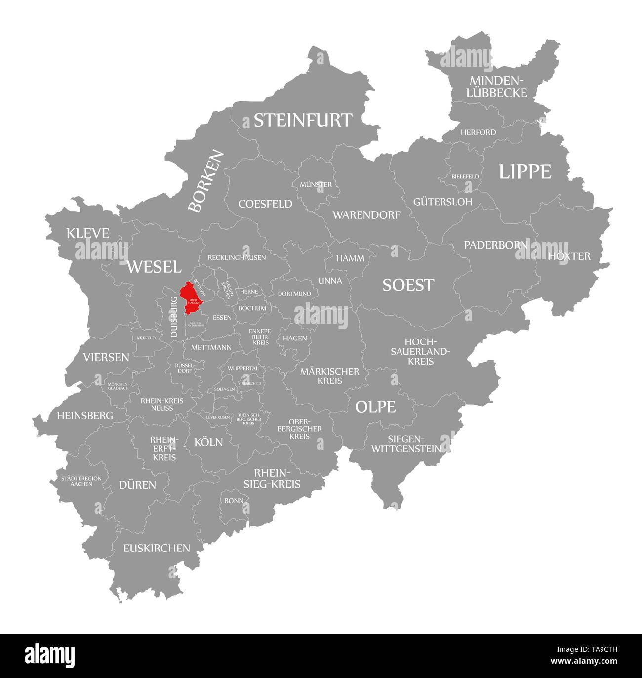 Oberhausen Red Highlighted In Map Of North Rhine Westphalia De TA9CTH 