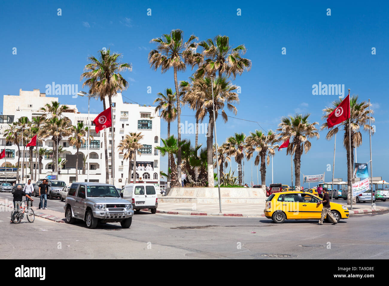 Car parking and square are near the Bou Jaafar beach in cross of Avenue Hedi Chaker and Boulevard de la Corniche. Sousse, Tunisia Stock Photo