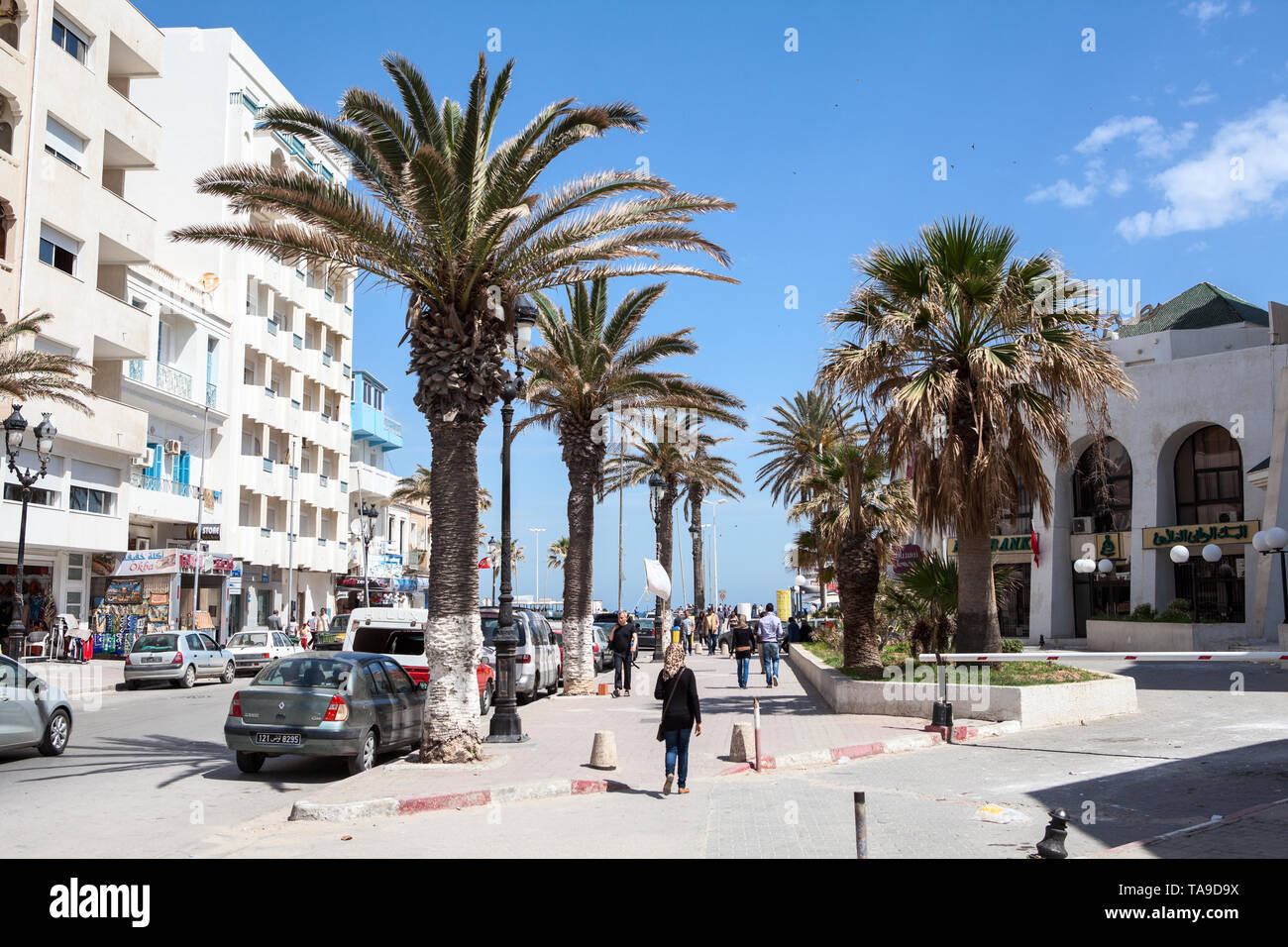 SOUSSE, TUNISIA-CIRCA MAY, 2012: The Habeeb Burguiba street leads to the Bou Jaafar beach, crosses with Avenue Hedi Chaker and Boulevard de la Cornich Stock Photo