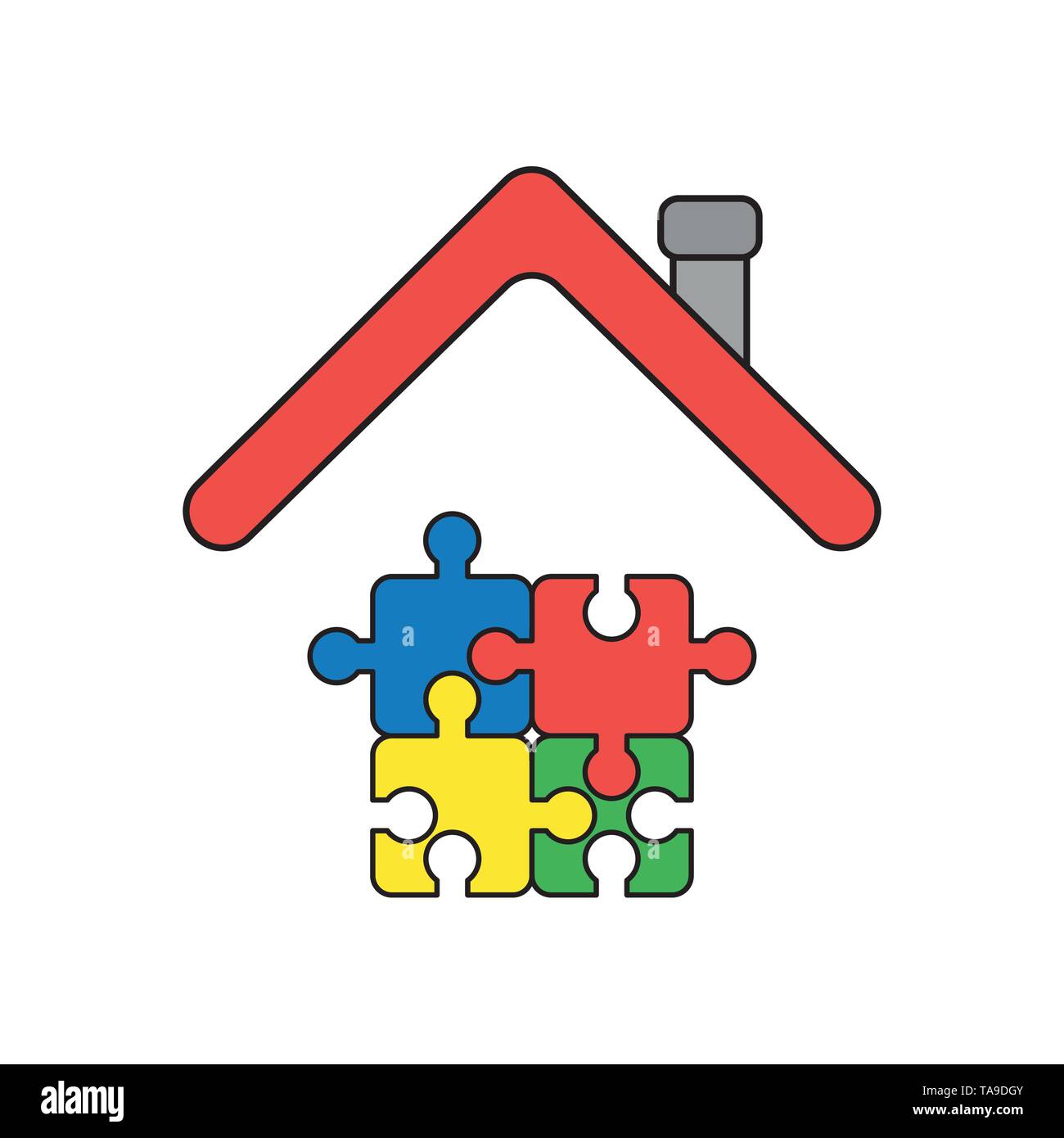 Vector icon concept of four connected jigsaw puzzle pieces under house ...