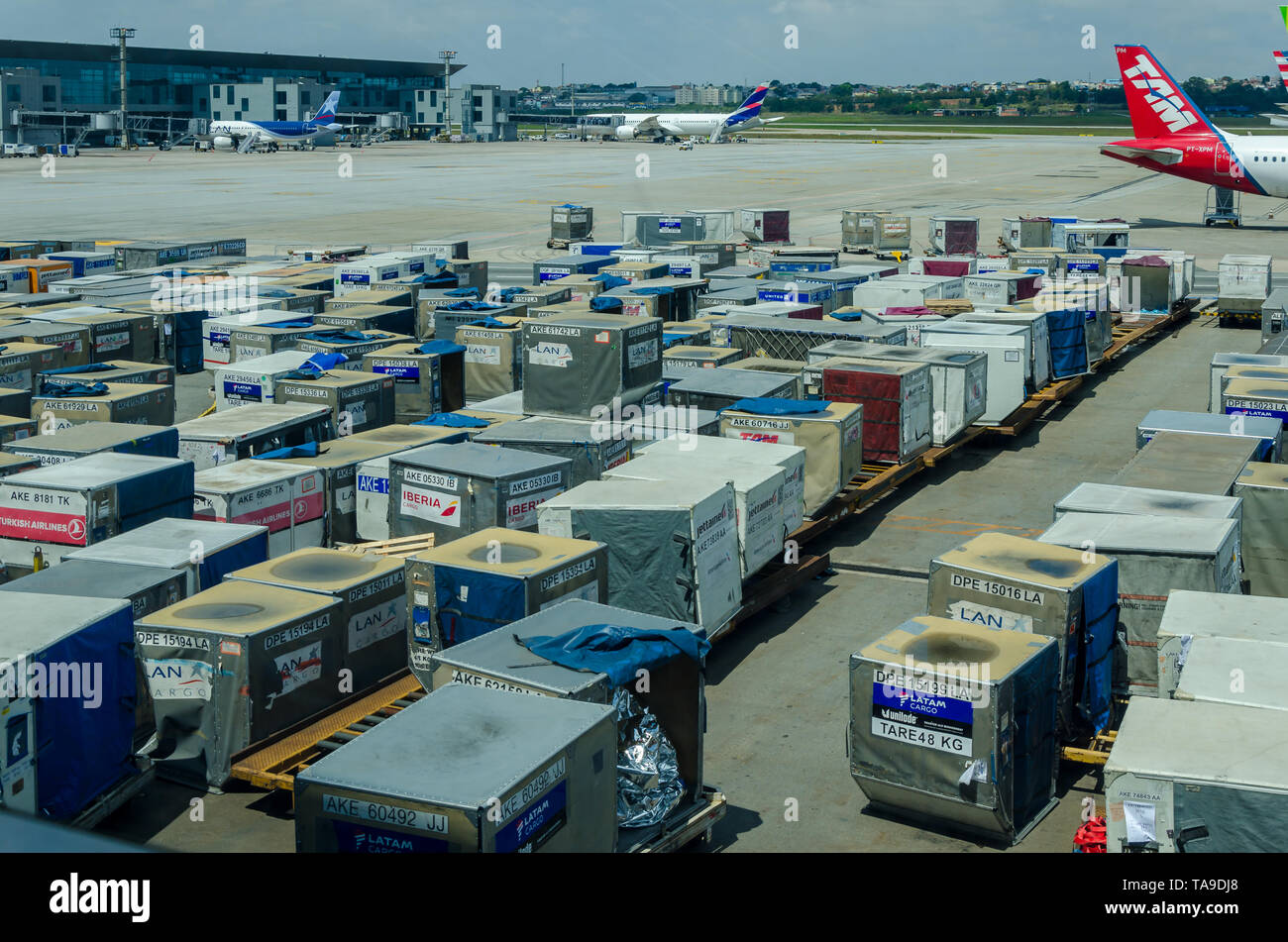 16 SEPTEMBER 2018 ; SAO PAULO , BRAZIL ; Cargo luggage containers Guarulhos international Airport in Brazil. Stock Photo