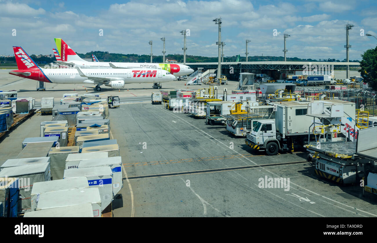 16 SEPTEMBER 2018 ; SAO PAULO , BRAZIL ; Cargo luggage containers Guarulhos international Airport in Brazil. Stock Photo