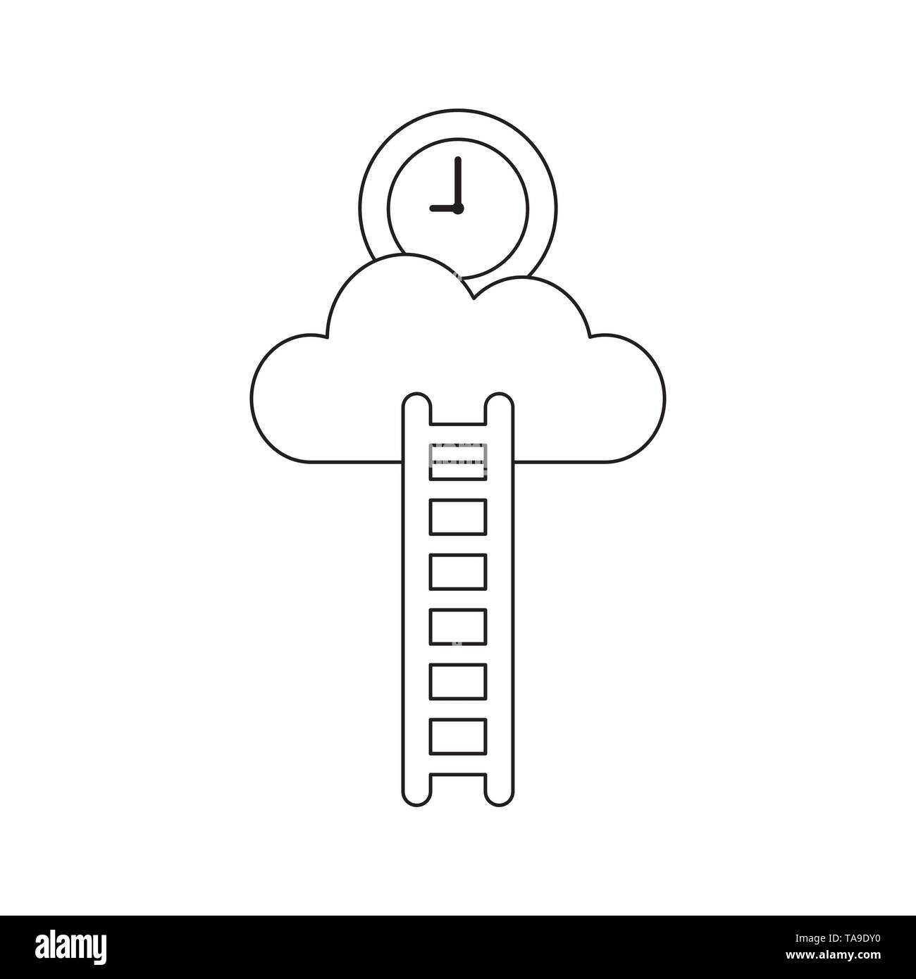 Vector icon concept of reach clock on cloud with ladder. Black outlines. Stock Vector