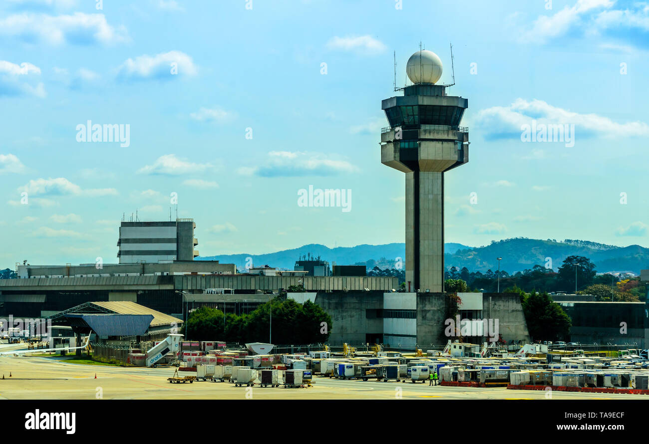 16 SEPTEMBER 2018 ; SAO PAULO , BRAZIL ; Air Traffic Controller Tower in  Guarulhos International Airport, Sao Paulo Brazil Stock Photo