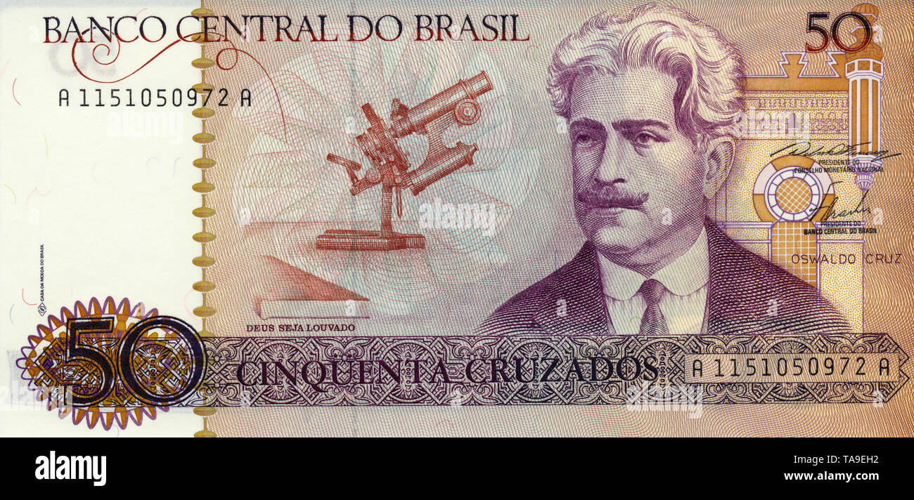 Banknote aus Brasilien, 50 Cruzados, Oswaldo Cruz, 1986, Brasil Stock Photo